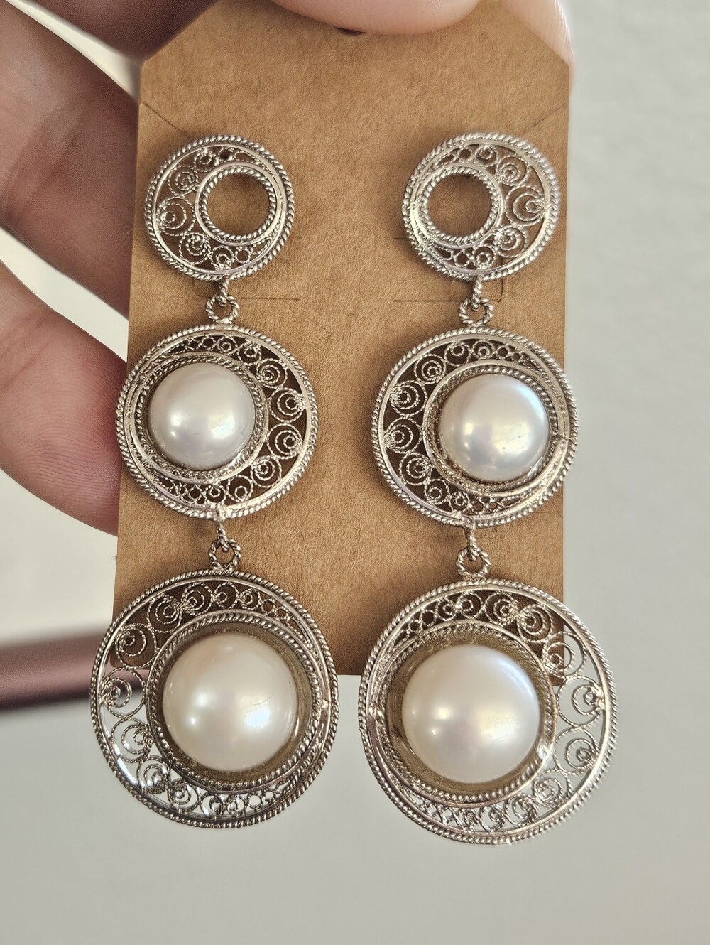 Elegant Sterling Silver Filigree Drop Earrings with Mabe Pearls 2.6"